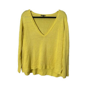 Eileen Fisher Organic Linen V-Neck Sweater Yellow Large Pullover Coastal Beachy